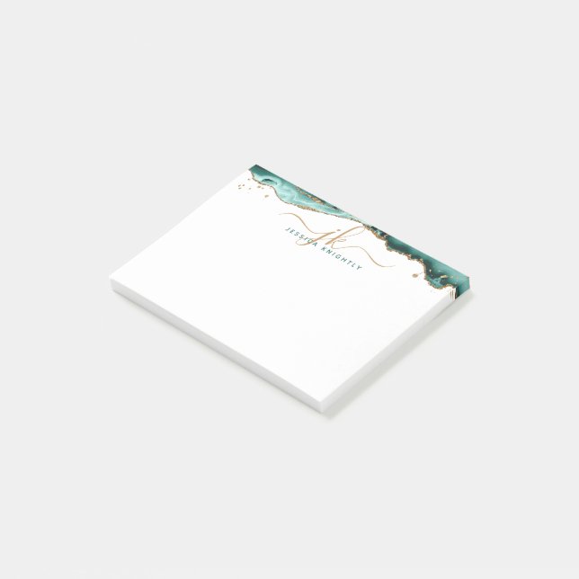Turquoise Agate Geode Gold Glitzer Script Monogram Post-it Klebezettel (angewinkelt)
