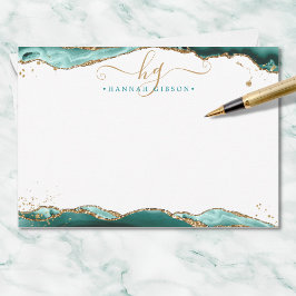 Turquoise Agate Geode Monogram Script Gold Glitzer Mitteilungskarte