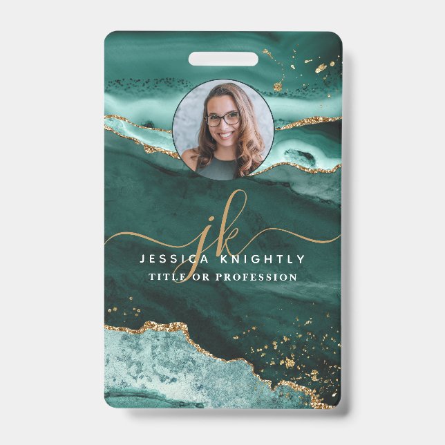 Turquoise Agate Gold Glitzer Script Monogram Foto Ausweis (Vorderseite)