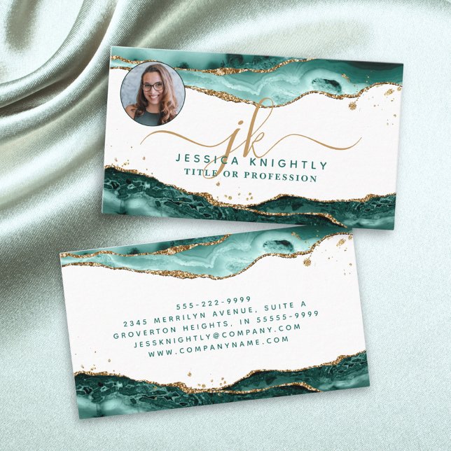 Turquoise Agate Gold Script Monogram Foto Visitenkarte (Von Creator hochgeladen)