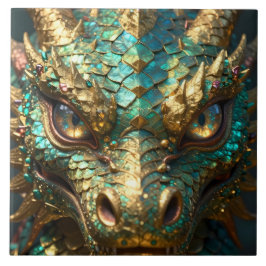 Turquoise and Gold Dragon Face Fliese