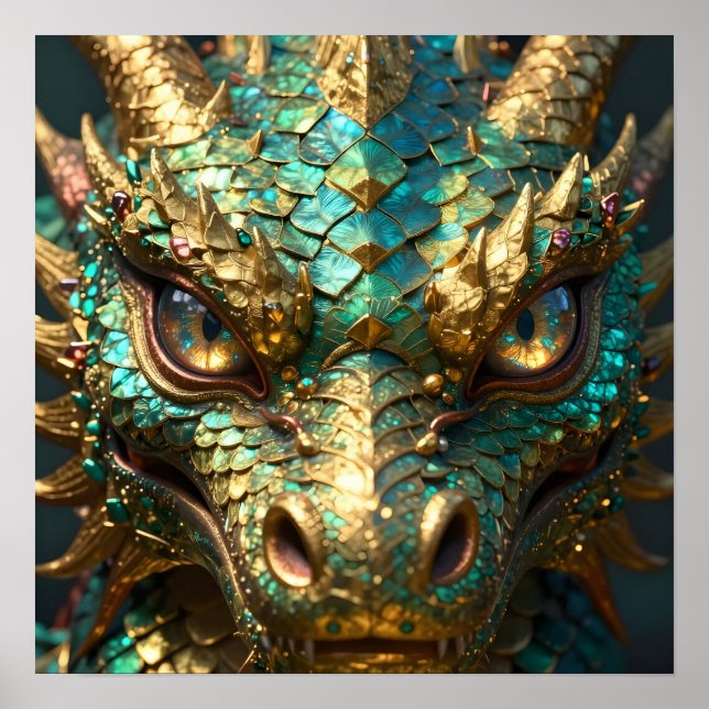 Turquoise and Gold Dragon Face Poster (Vorne)