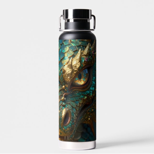 Turquoise and Gold Dragon Face Trinkflasche (Rückseite)