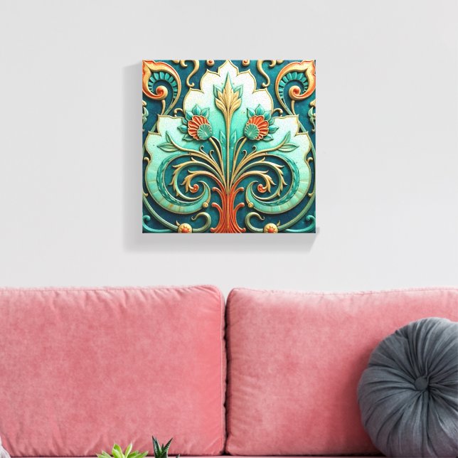 Turquoise and Orange Floral Ornament Leinwanddruck (Insitu (Wohnzimmer))