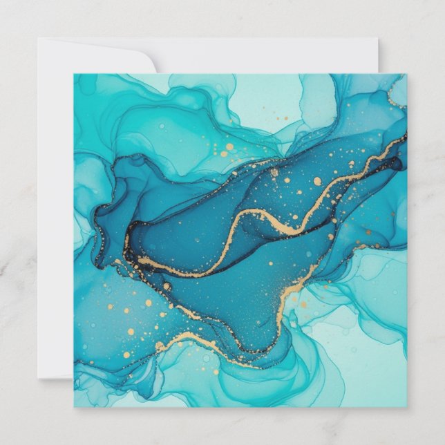 Turquoise and Teal Alcohol Ink Abstract with Gold  Einladung (Vorderseite)