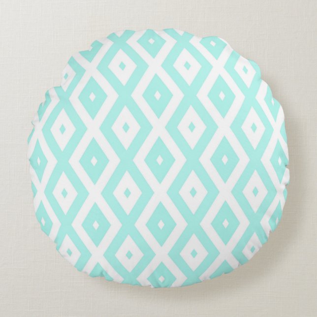 Turquoise and white diamond pattern rundes kissen (Vorderseite)