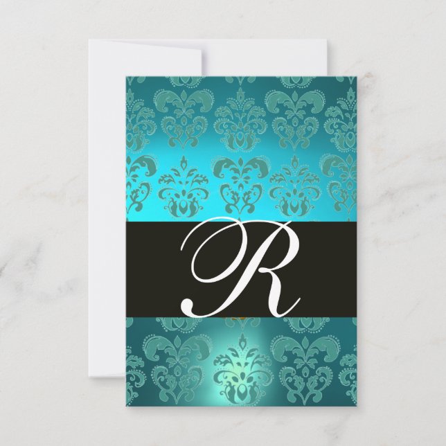 TURQUOISE AQUA BLEU BLACK DAMASK MONOGRAM RSVP (Devant)