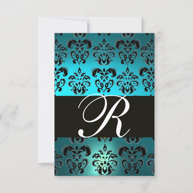 TURQUOISE AQUA BLEU BLACK DAMASK MONOGRAM RSVP (Devant)
