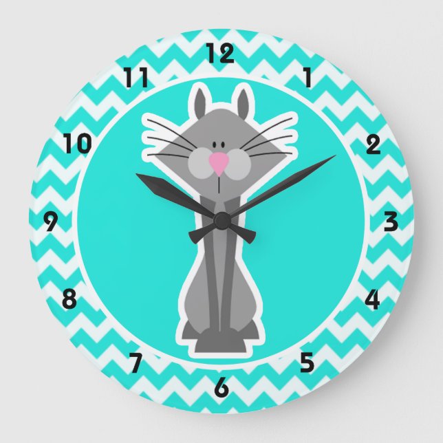 Turquoise, Aqua Color Chevron; Gray Cat Große Wanduhr (Vorderseite)