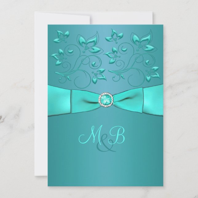 Turquoise, Aqua Floral II Monogramme Faire-part de (Devant)