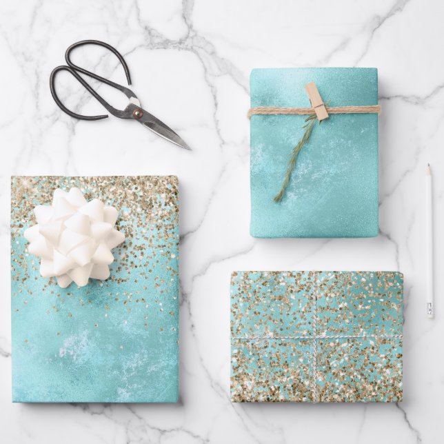 Turquoise Aqua Gold Glam Glitzer Sparkone      Geschenkpapier Set (Vorderseite)
