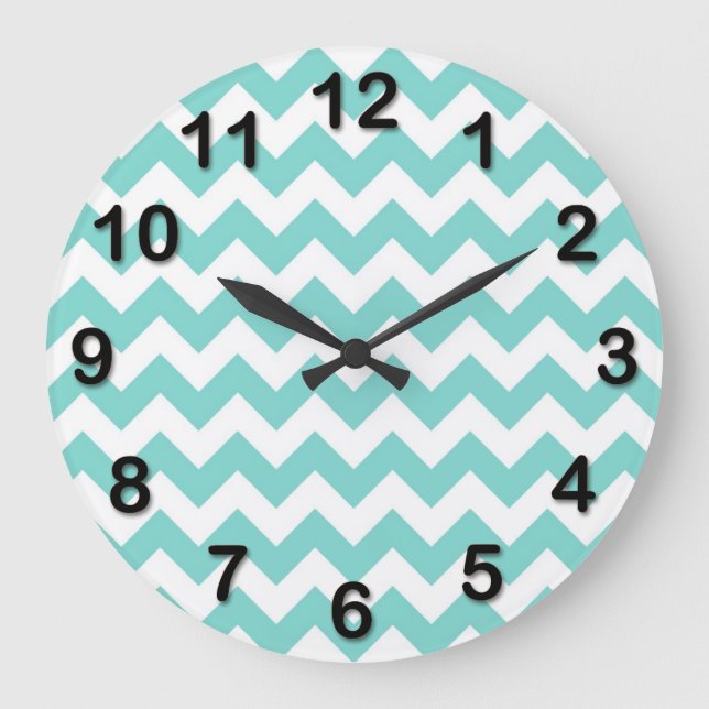 Turquoise Aqua White Chevron Zig Zag Pattern Große Wanduhr (Vorderseite)