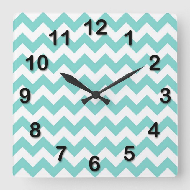 Turquoise Aqua White Chevron Zig Zag Pattern Quadratische Wanduhr (Vorderseite)