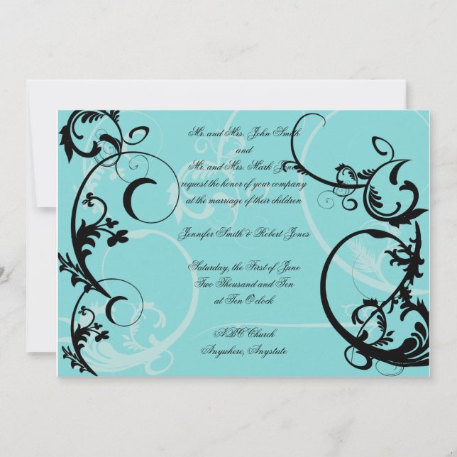 Turquoise avec Faire-part de mariage Black Swirl (Devant)