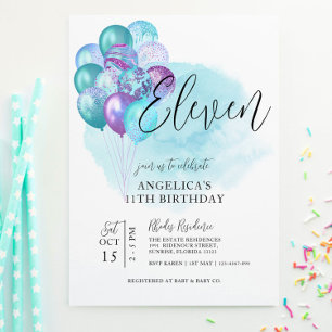 Turquoise Ballons pourpres Invitation 11e annivers