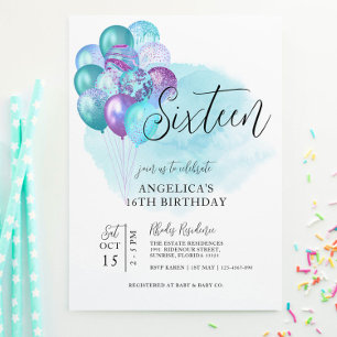Turquoise Ballons violets Invitation 16e anniversa