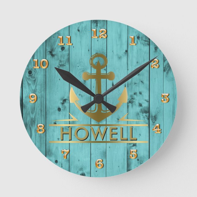 Turquoise Barn Wood Teal Woodgrain Nautical Anchor Runde Wanduhr (Vorderseite)