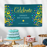 Turquoise Bat Mitzvah Gold Script Tree of Life Banner<br><div class="desc">Seien Sie stolz, freuen Sie sich und präsentieren Sie diesen Meilenstein Ihres Lieblings-Bat Mitzvah! Lassen Sie sich von diesem atemberaubenden, modernen, stilvollen, personalisierten Banner in einen besonderen Tag hineinführen. Funkelnd, vergoldet, Imitat-Kalligraphie-Skript, hellrosa Typografie und zwei abstrakte, grafische, goldene, türkisfarbene, aquamarine, lila und blaue "Stern von David" und dot "Blätter" überlagern...</div>