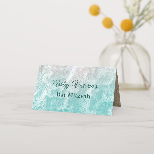 Turquoise Beach Waves Bat Mitzvah Folded Platzkarte (Rückseite)