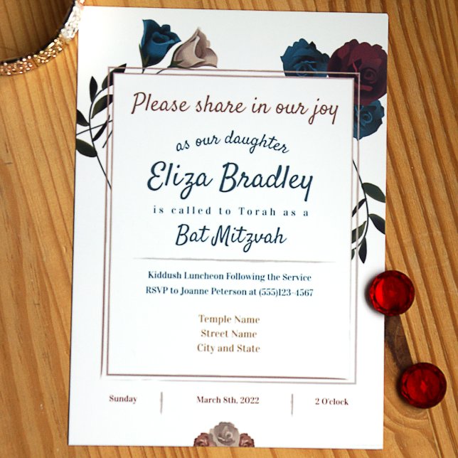 Turquoise, beige, Bourgogne Bat mitzvah Invitation (Teal, beige, burgundy roses traditional floral design bat mitzvah invitation)