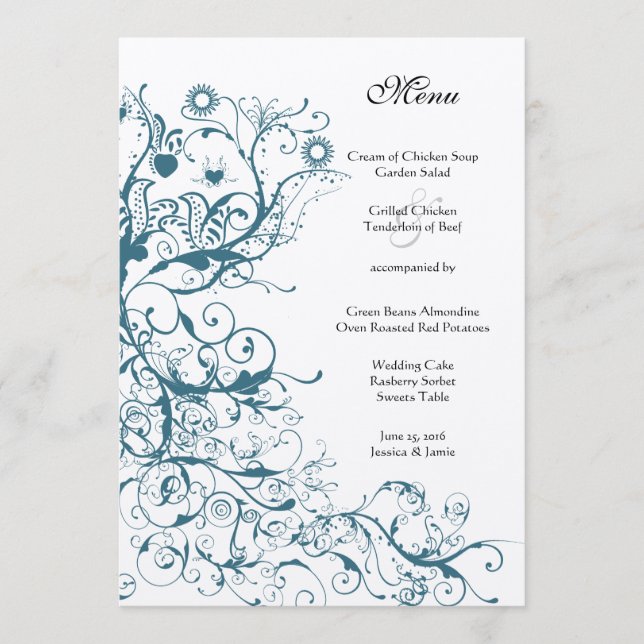 Turquoise Birds and Swirls Menu Mariage (Devant)