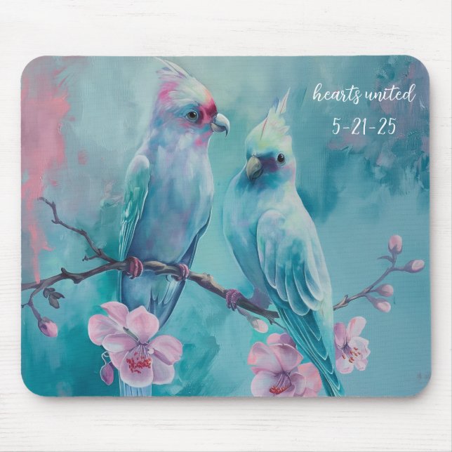 Turquoise Birds Hearts United Mousepad (Vorne)