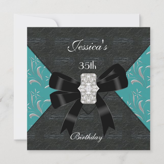 Turquoise Black Damask Black Invitation Argent 35e (Devant)