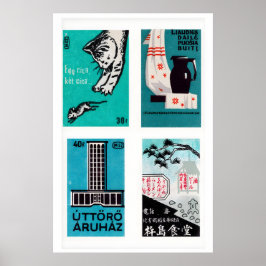 Turquoise & Black Matchbox Labels Grid Print Poster