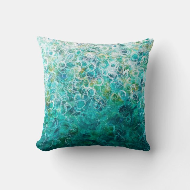 Turquoise Blanc Abstrait Cercles Peinture Coussin  (Recto)
