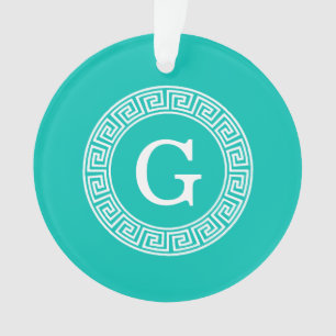 Turquoise Blanc Clé grecque Cadre Ronde Monogramme