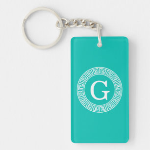 Turquoise Blanc Clé grecque Cadre Ronde Monogramme