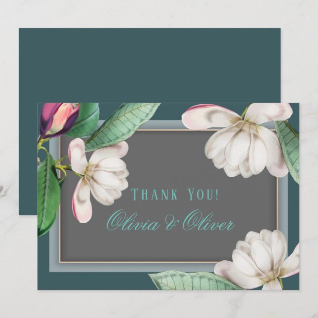 Turquoise blanc Magnolia Flower Carte de remerciem (Devant / Derrière)