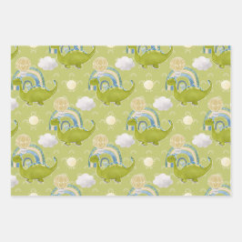 TURQUOISE BLAU GREEN DINOSAURS & RAINBOWS GESCHENKPAPIER SET