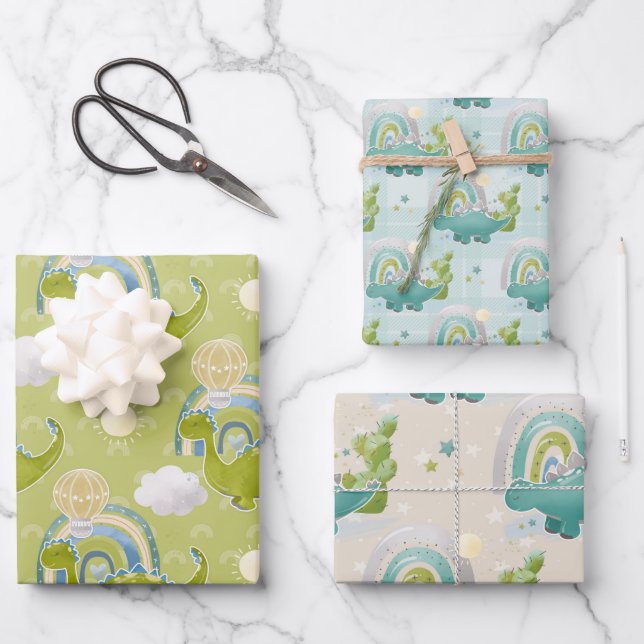 TURQUOISE BLAU GREEN DINOSAURS & RAINBOWS GESCHENKPAPIER SET (Vorderseite)