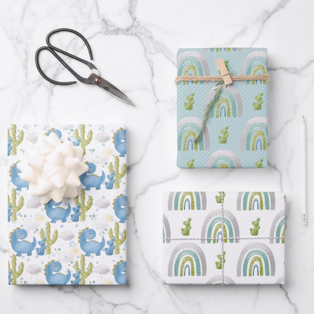 TURQUOISE BLAU GREEN DINOSAURS & RAINBOWS GESCHENKPAPIER SET (Vorderseite)