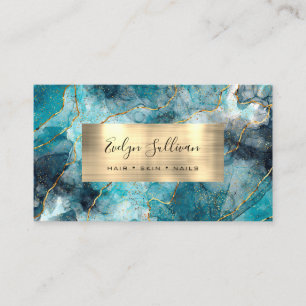 turquoise bleu Aquarelle Gold Veins Carte de visit