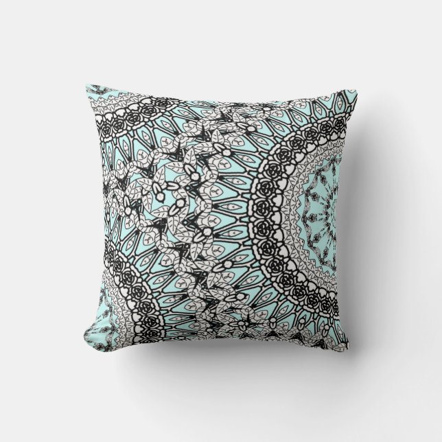 Turquoise bleu noir blanc dentelle Motif Coussin C (Recto)
