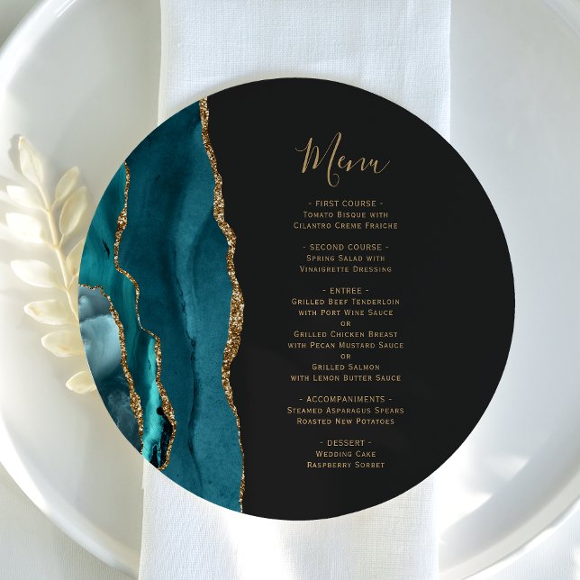 Turquoise Bleu Or Agate Plaque ronde Mariage Menu (Créateur téléchargé)