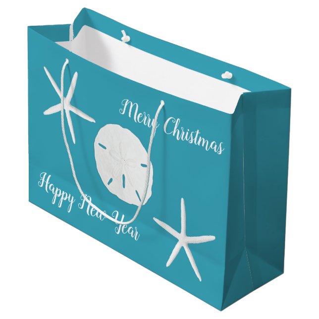 Turquoise Bleu Starfish Noël Grand Papier Sac cade (Devant Angle)