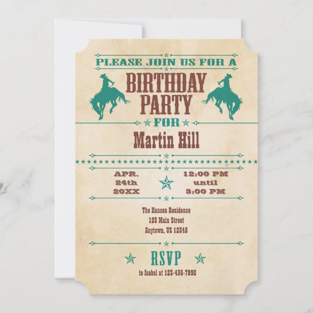 Turquoise Bleu Vintage Cowboy Invitation Anniversa (Devant)