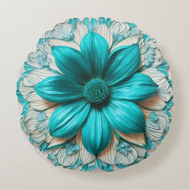 Turquoise Bloom Round Floral Charm Rundes Kissen (Vorderseite)