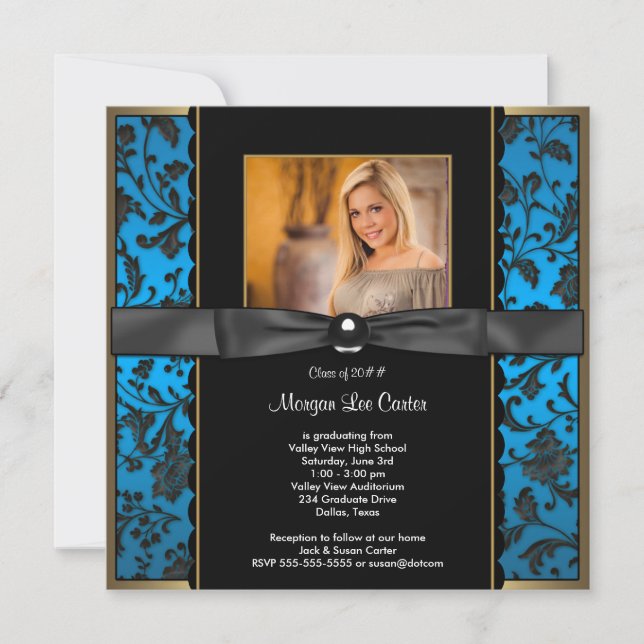 Turquoise Blue Damask Photo Graduation Faire-part (Devant)