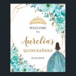 Turquoise Blue Floral Quinceañera Birthday Welcome Poster<br><div class="desc">(c) The Happy Cat Studio</div>