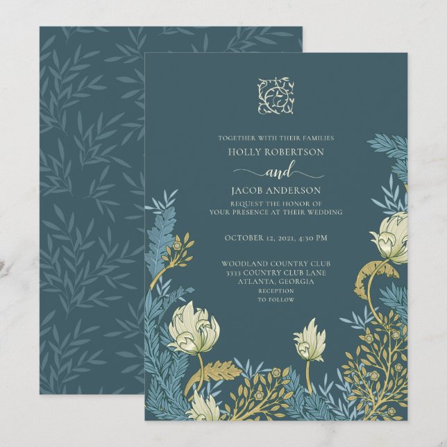 Turquoise Blue Gold Floral Faire-part de mariage (Devant / Derrière)