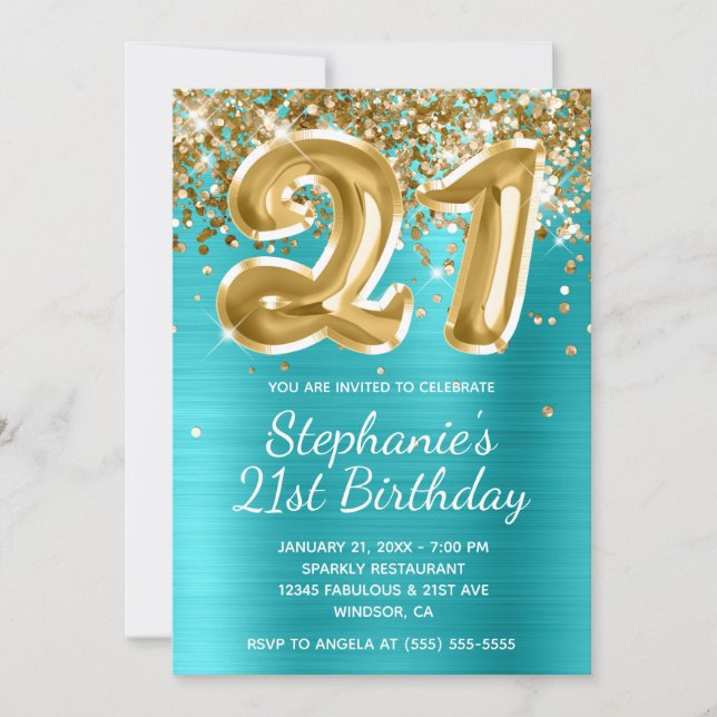 Turquoise Blue Gold Glitzer Ballon 21. Geburtstag Einladung (Vorderseite)