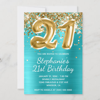 Turquoise Blue Gold Glitzer Ballon 21. Geburtstag Einladung