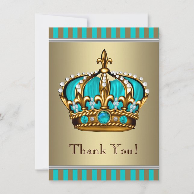 Turquoise Blue Gold Prince Baby Dusche Vielen Dank Dankeskarte (Vorderseite)