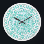 Turquoise Blue Mosaic Fresh White Boho Mandala Große Wanduhr<br><div class="desc">Beautiful clock with an original turquoise blue and grey mosaic style boho bohemian mandala on a white background.</div>