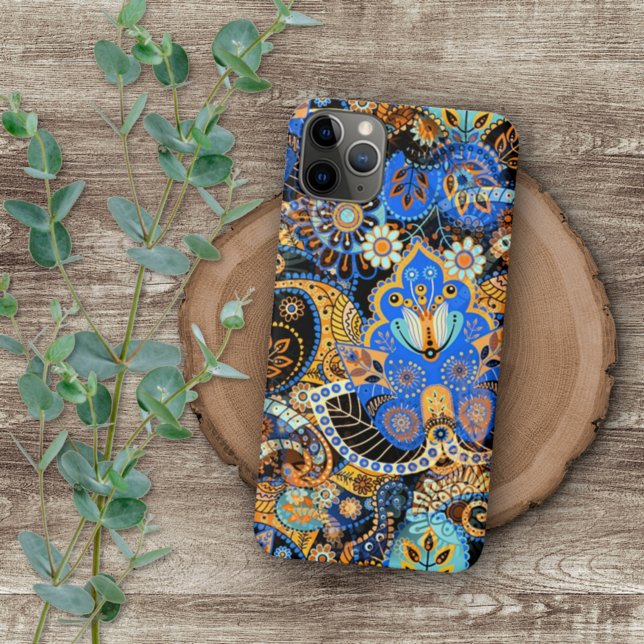 Turquoise Blue Orange Black Paisley Floral Art iPhone Hülle (Von Creator hochgeladen)