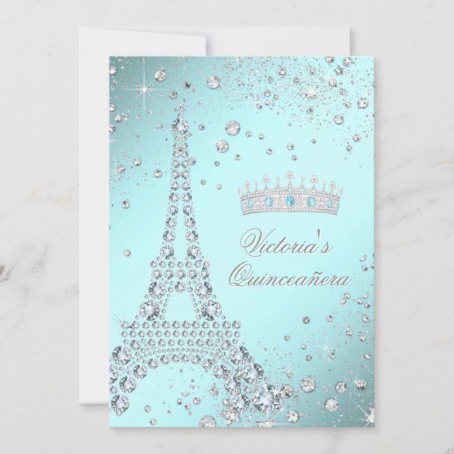 Turquoise Blue Paris Tiara Quinceanera Invitations (Devant)